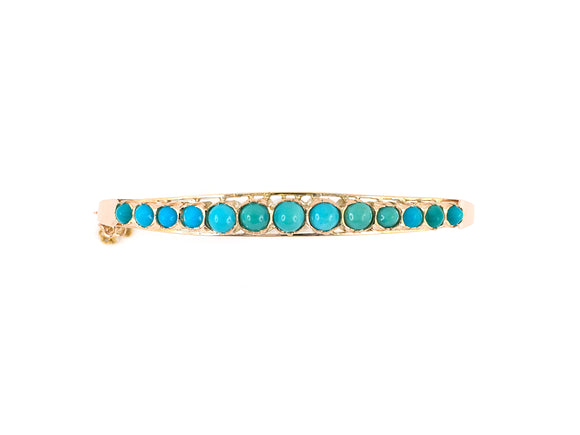 73621 - SOLD - Circa 1950 Gold Turquoise Hinged Bangle Bracelet