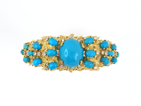 73622 - SOLD - Gold Diamond Turquoise Spread Center Hinged Bangle Bracelet