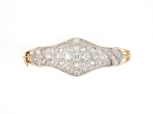 73623 - Art Deco Gold Platinum Diamond Center Ornament Hinged Bangle Bracelet