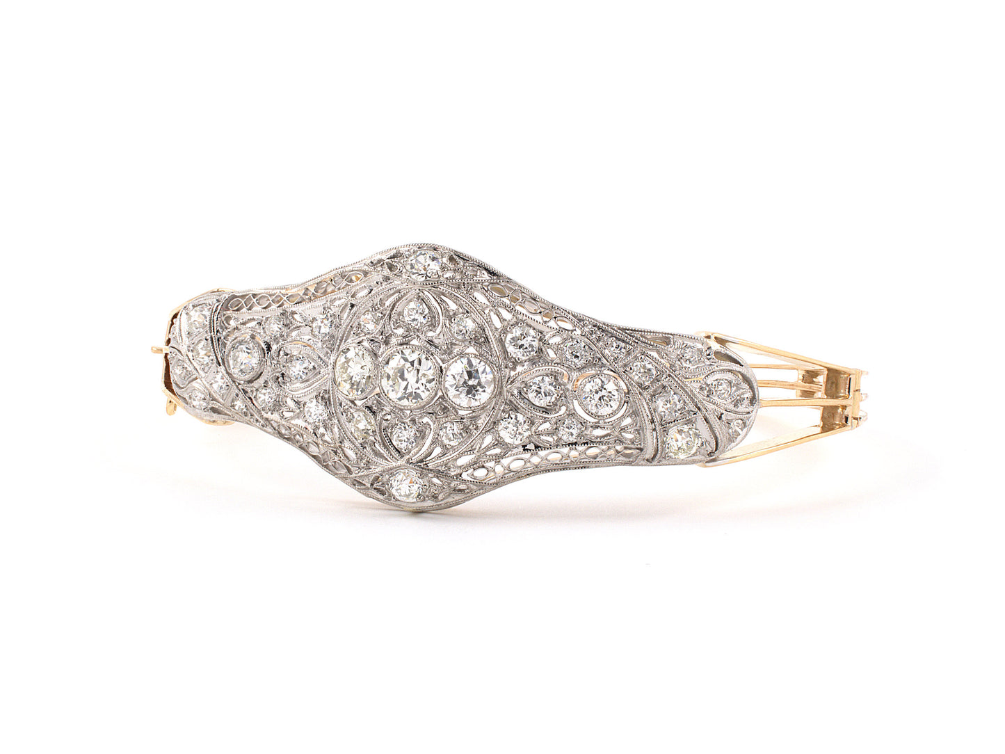 73623 - SOLD - Art Deco Gold Platinum Diamond Center Ornament Hinged Bangle Bracelet