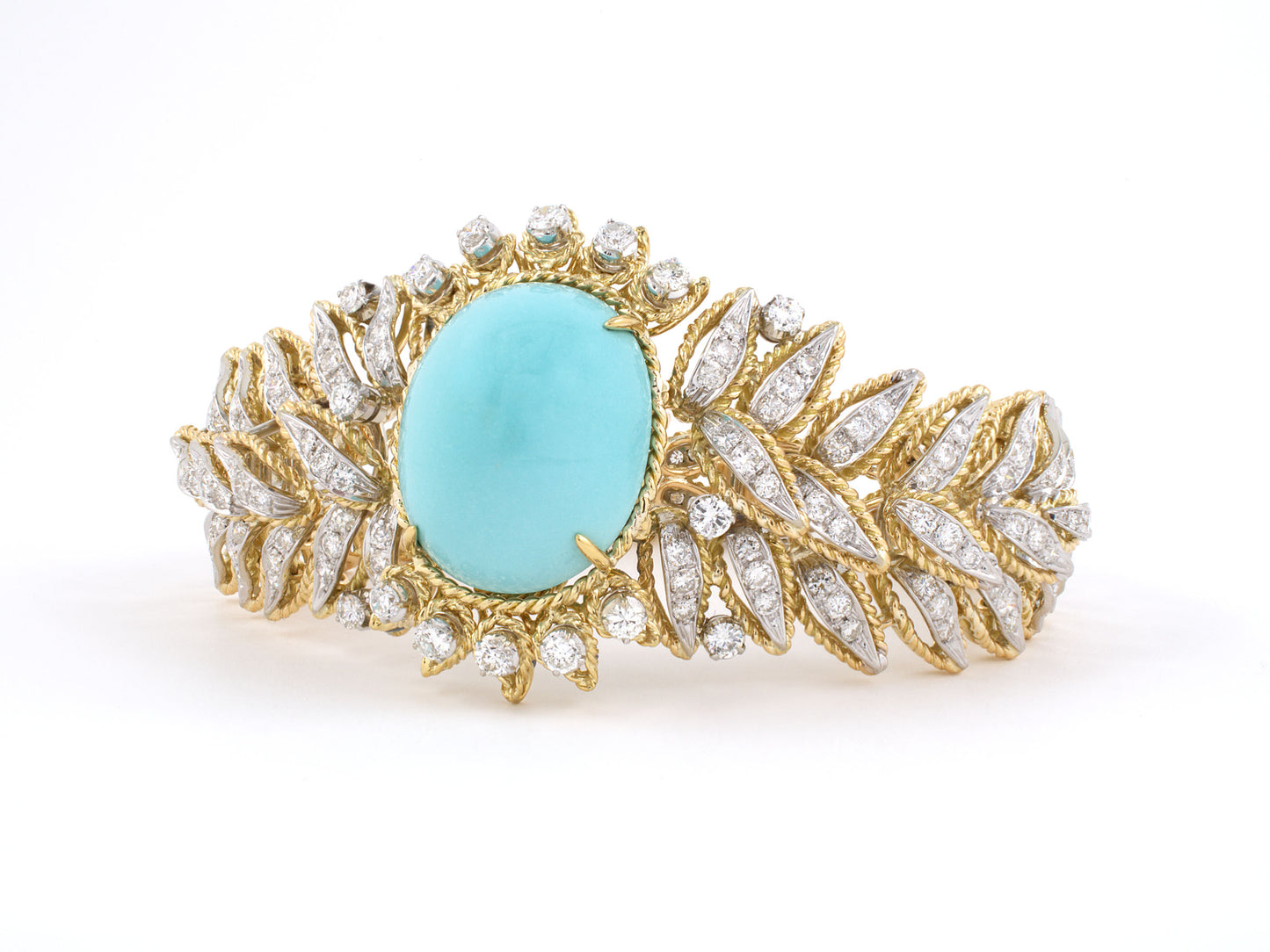 73626 - SOLD - Circa 1960s Gold Diamond Cabochon Turquoise Rope Link Tapered Bracelet