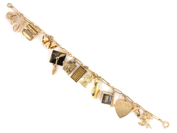 73627 - SOLD - Circa 1950 Gold Diamond Wire Link 12 Assorted Charm Bracelet