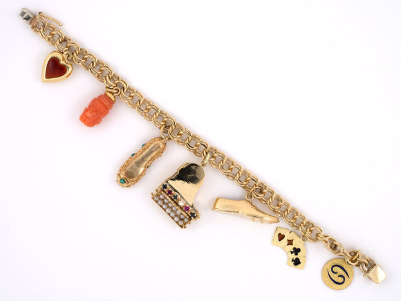 73632 - Circa 1950s Gold Diamond Ruby Sapphire Turquoise Pearl Coral Garnet Charm Bracelet