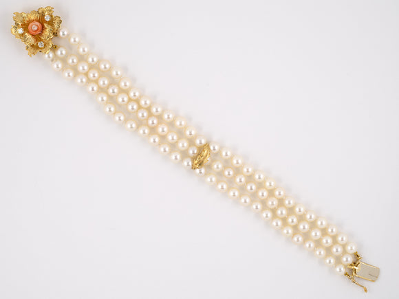 73636 - Gold Diamond Pearl Coral Rose Bud Leaf Clasp 3 Strand Bracelet