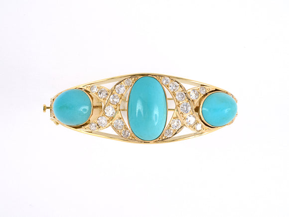 73644 - Gold Turquoise Diamond 3-Stone X Ornament Bangle Bracelet