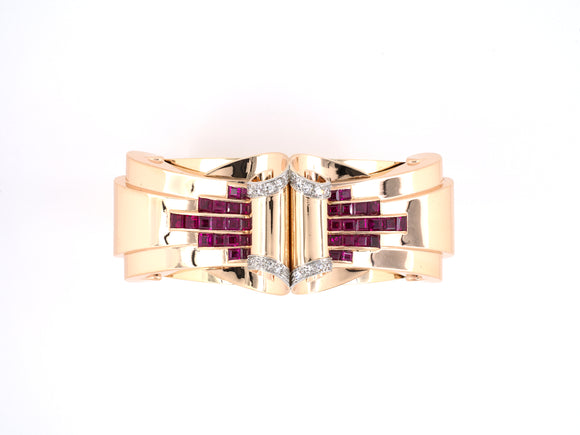 73656 - Retro Platinum Gold Diamond Ruby Bangle Bracelet