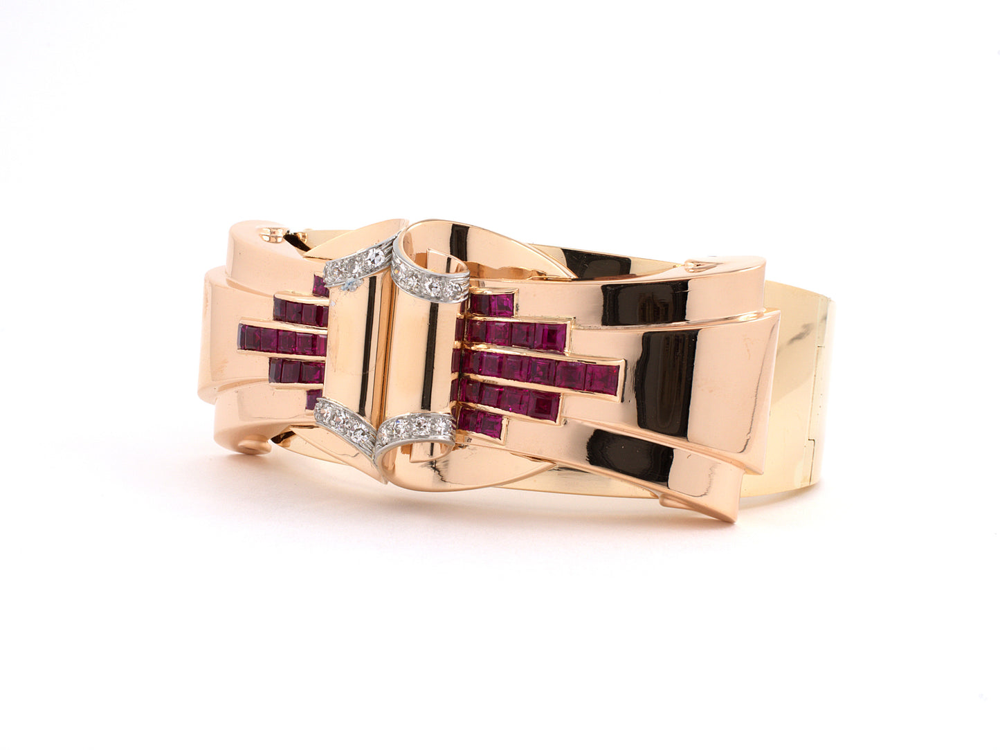 73656 - SOLD - Retro Platinum Gold Diamond Ruby Bangle Bracelet
