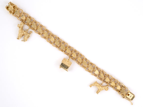 73663 - Circa 1950s Gold Heart Link Dog Charm Bracelet
