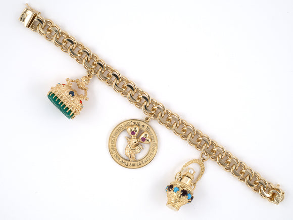 73672 - SOLD - Circa 1950s Gold Diamond Ruby Sapphire Turquoise Pearl Coral Garnet Charm Bracelet