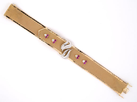73680 - Retro Italy Gold Ruby Diamond Mesh Buckle Bracelet