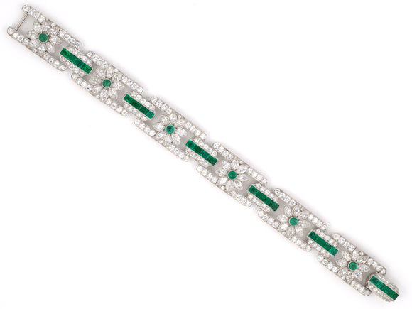 73681 - Art Deco Platinum Diamond Emerald 6 Section Floral Link Bracelet