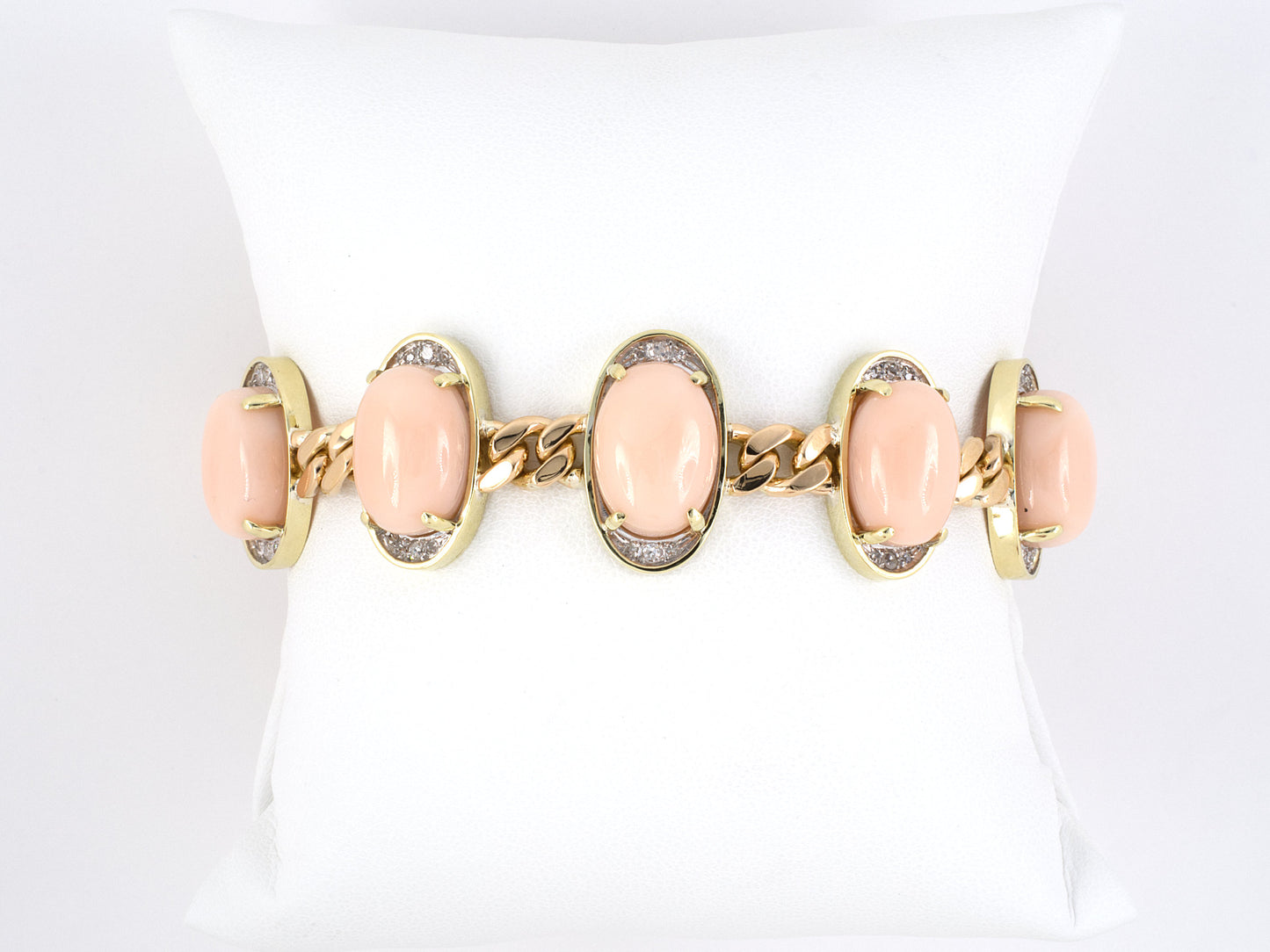 73684 - SOLD - Gold Coral Diamond 5 Ornament Curb Link Bracelet