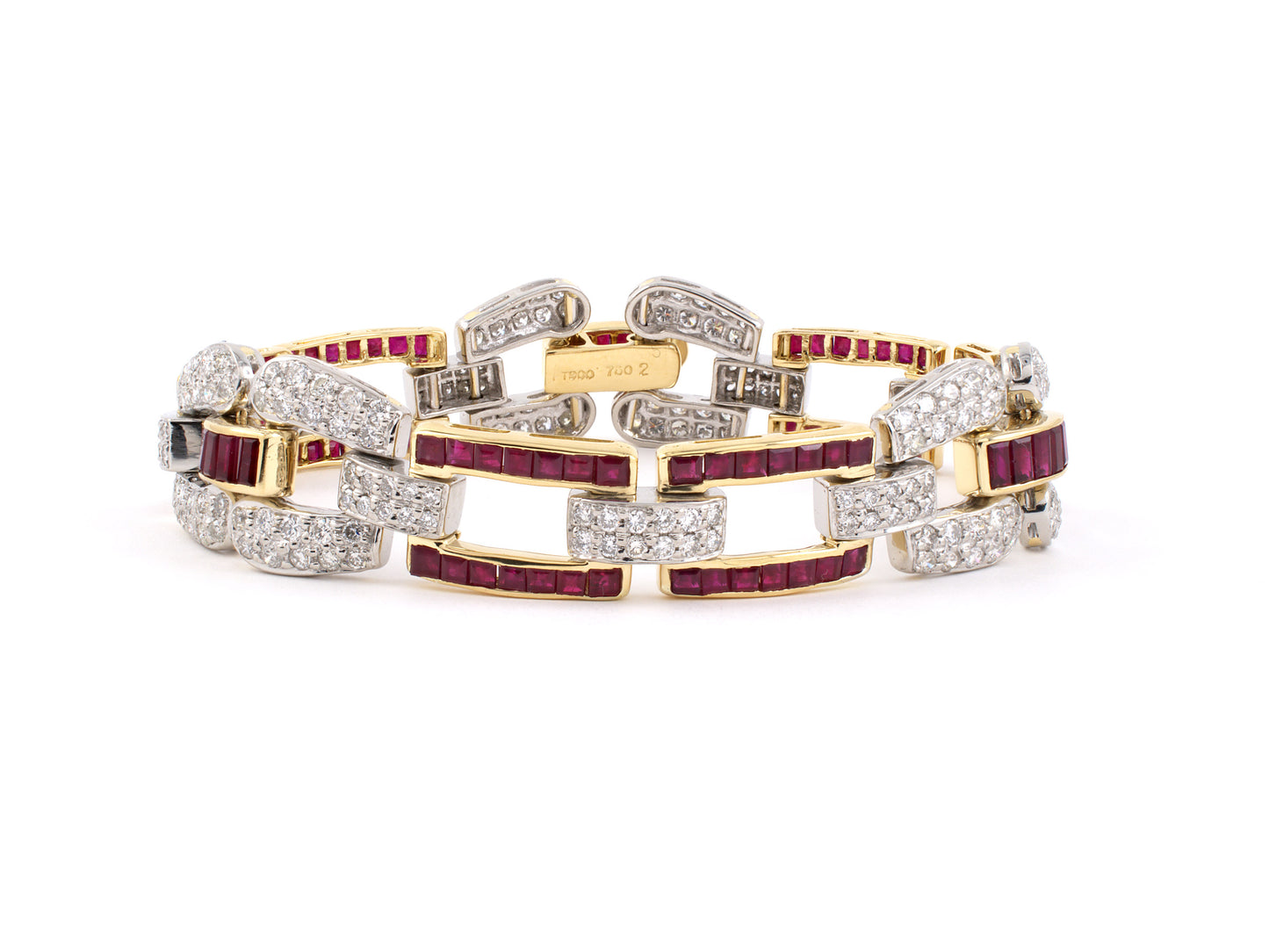 73689 - Circa 1980 Platinum Gold Diamond Ruby 3 Section Link Bracelet