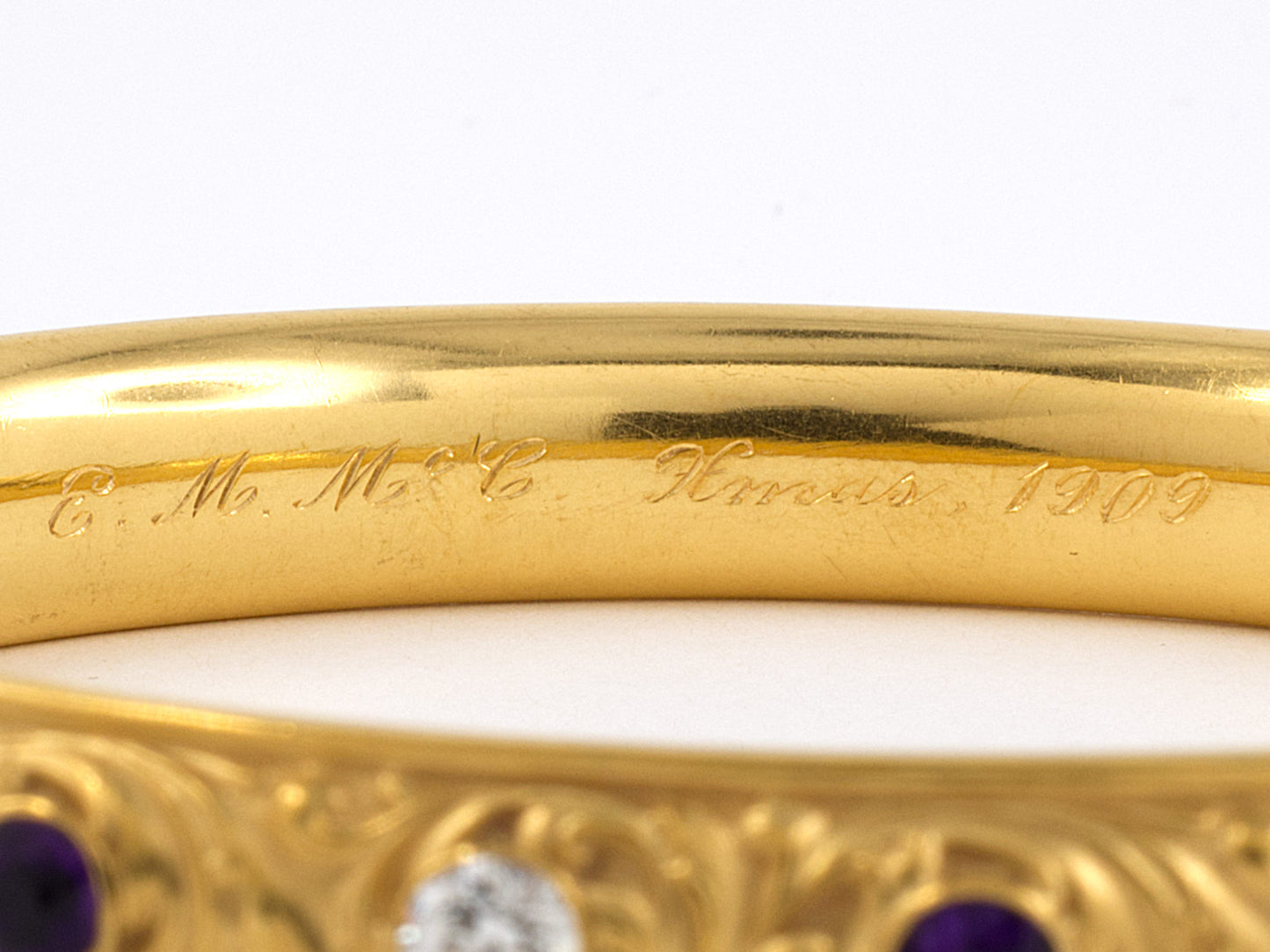 73714 - Art Nouveau Krementz Gold Amethyst Diamond Carved Floral Design Bangle Bracelet