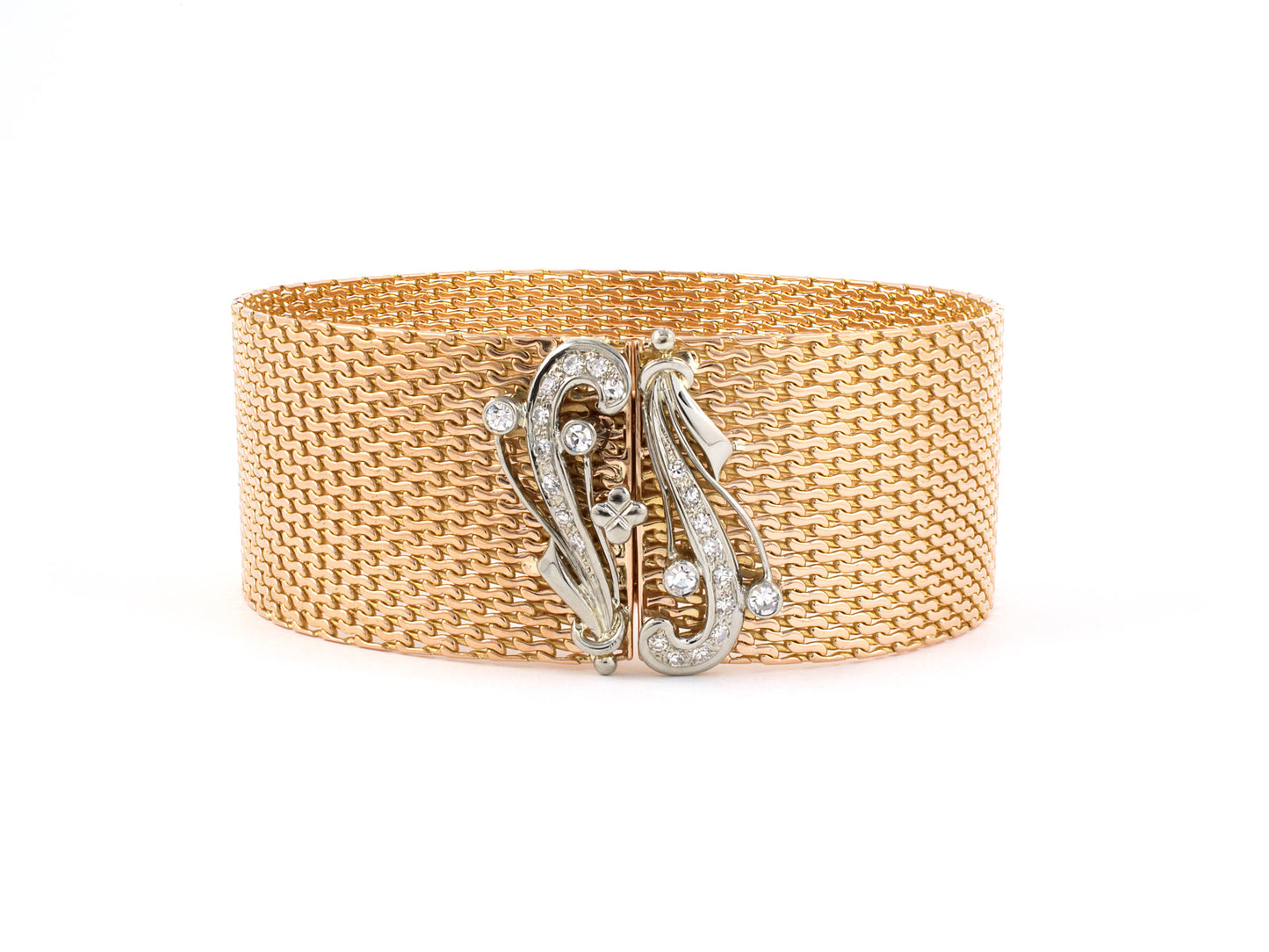 73720 - Circa 1950s Italy Gold Diamond Mesh Bracelet
