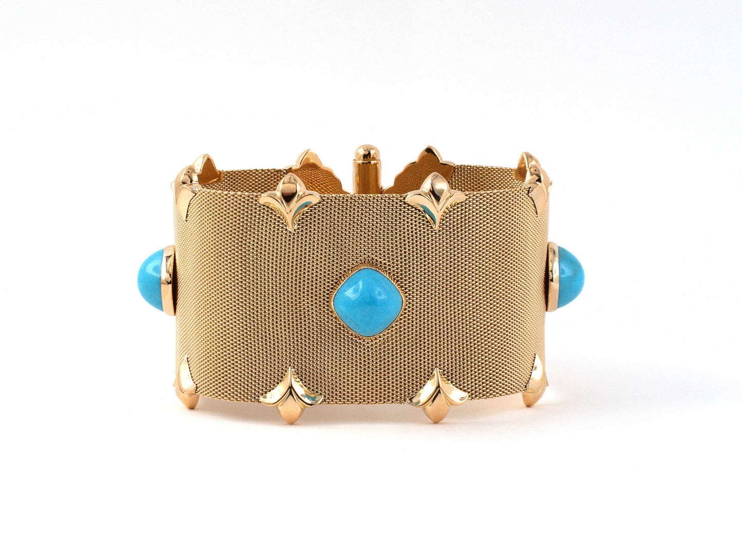 73722 - Circa 1940 Italy Gold Turquoise Mesh Fleur De Lis Ornament Bracelet