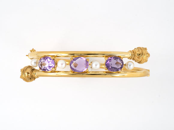 73733 - Circa 1950 Gold Amethyst Pearl Beaded Ball Ends By Pass Bangle Bracelet