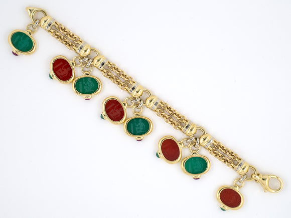 73756 - Italy Gold Carved Green Onyx Carnelian Emerald Ruby Cable Link Dangle Drop Bracelet