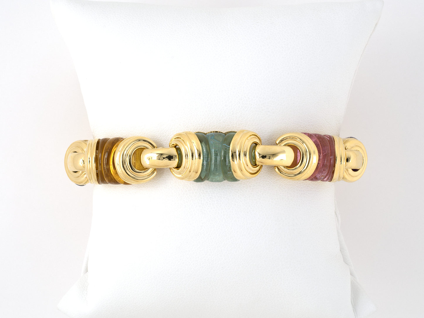 73757 - SOLD - Italy Gold Carved Garnet Citrine Amethyst Pink Green Tourmaline Blue Topaz Link Bracelet