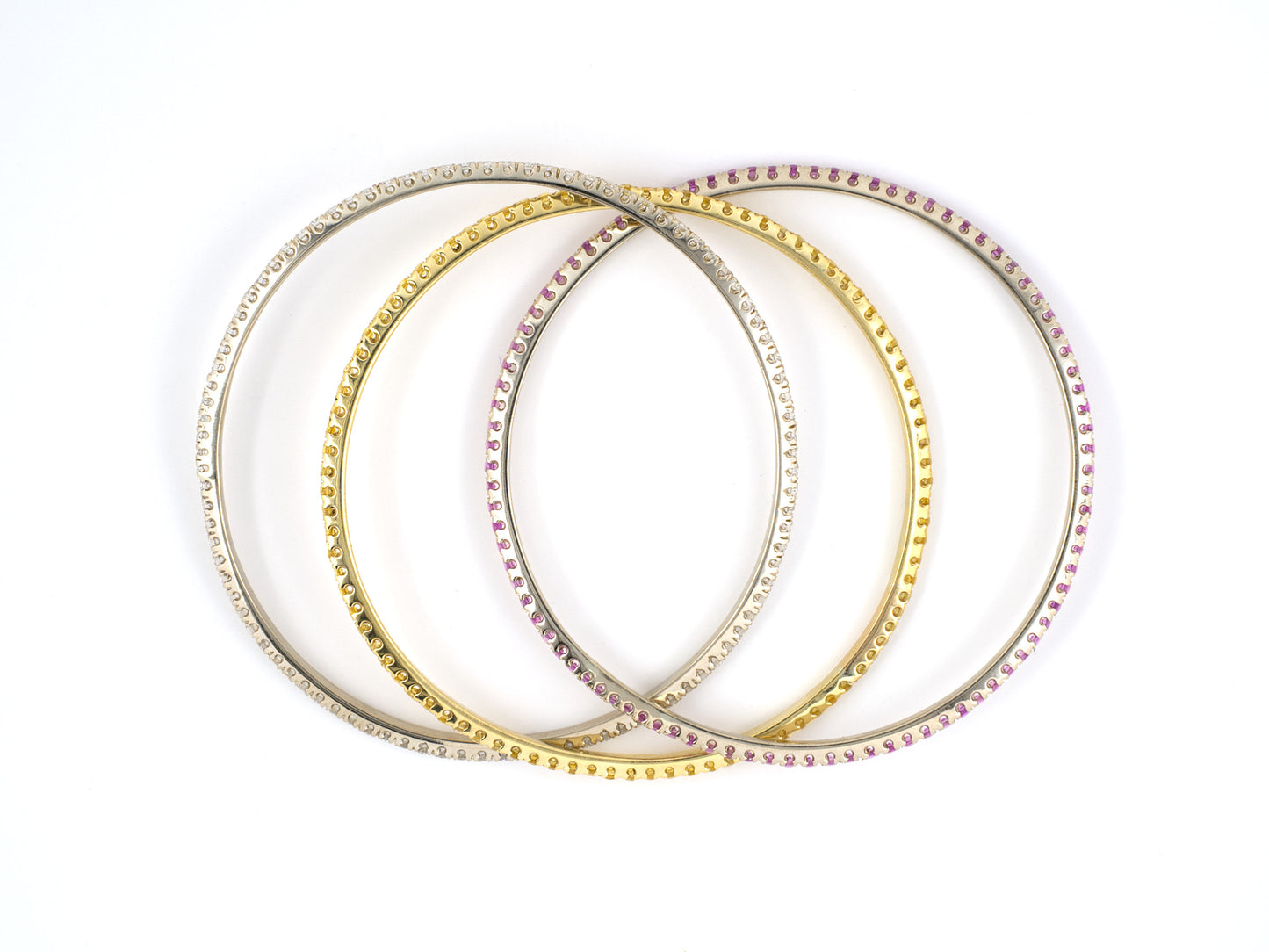 73766 - SOLD - Italy Gold Diamond Yellow Sapphire Pink Sapphire Triple Rolling Bangle Bracelet