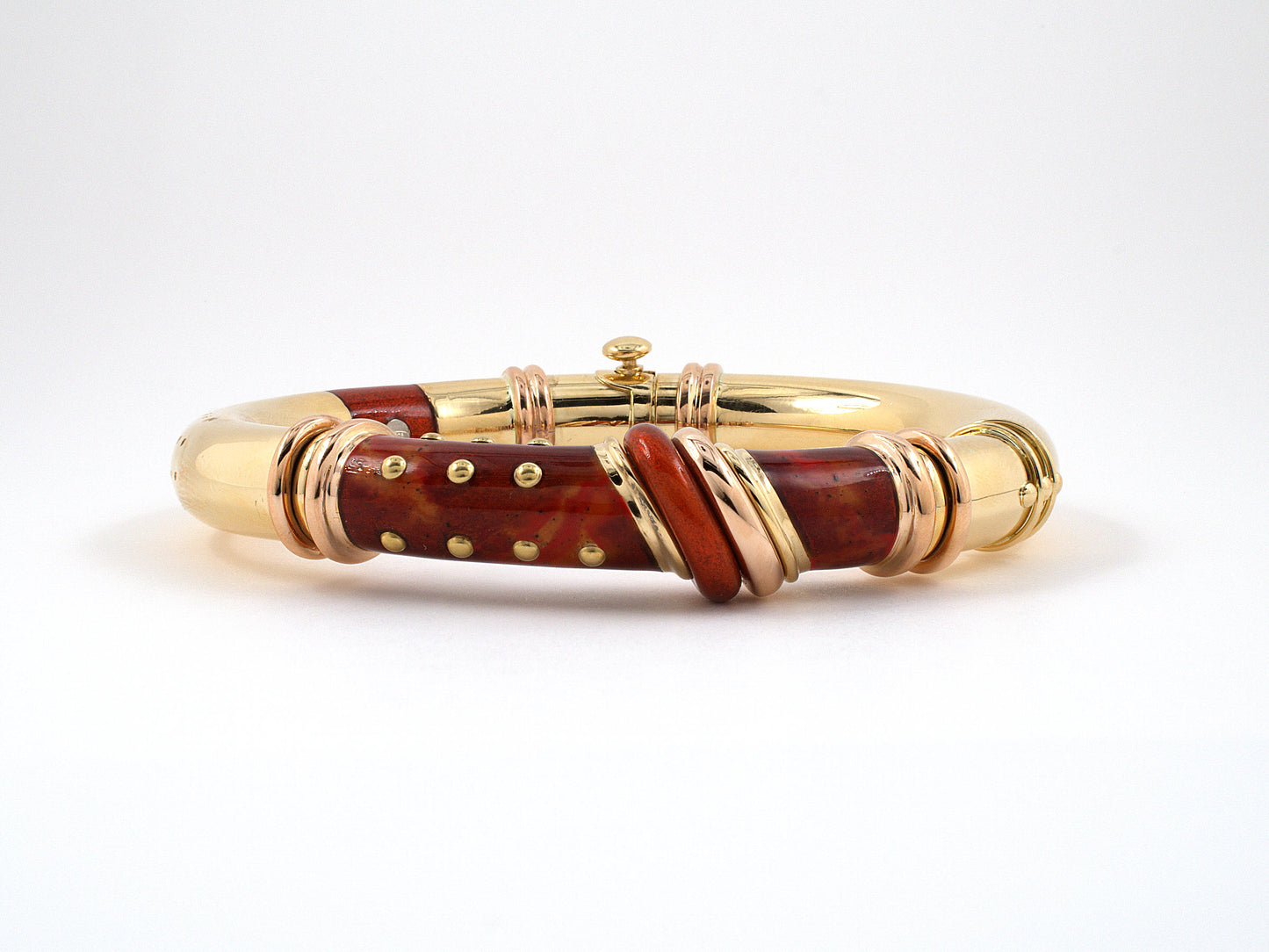 73782 - La Nouvelle Bague Gold Sterling Silver Orangy Red Enamel Rubber Inside Twist Hinged Bangle Bracelet