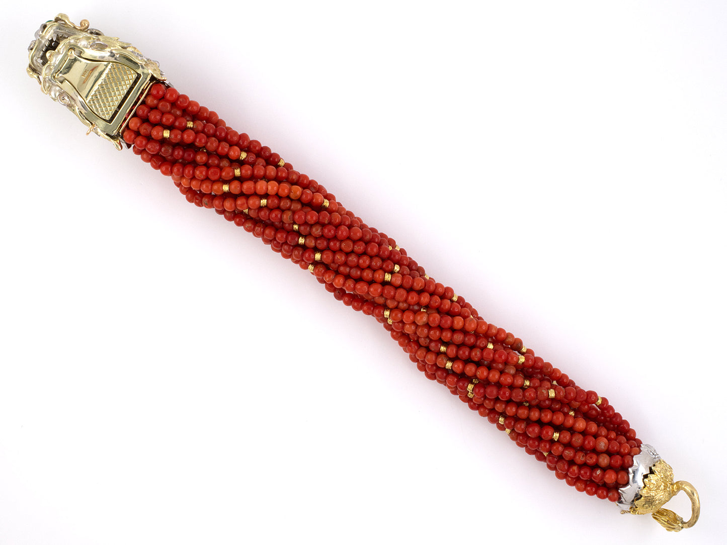 73788 - Circa 1960S Gold Diamond Emerald Coral Bead Chimera Torsade 18 Strand Bracelet
