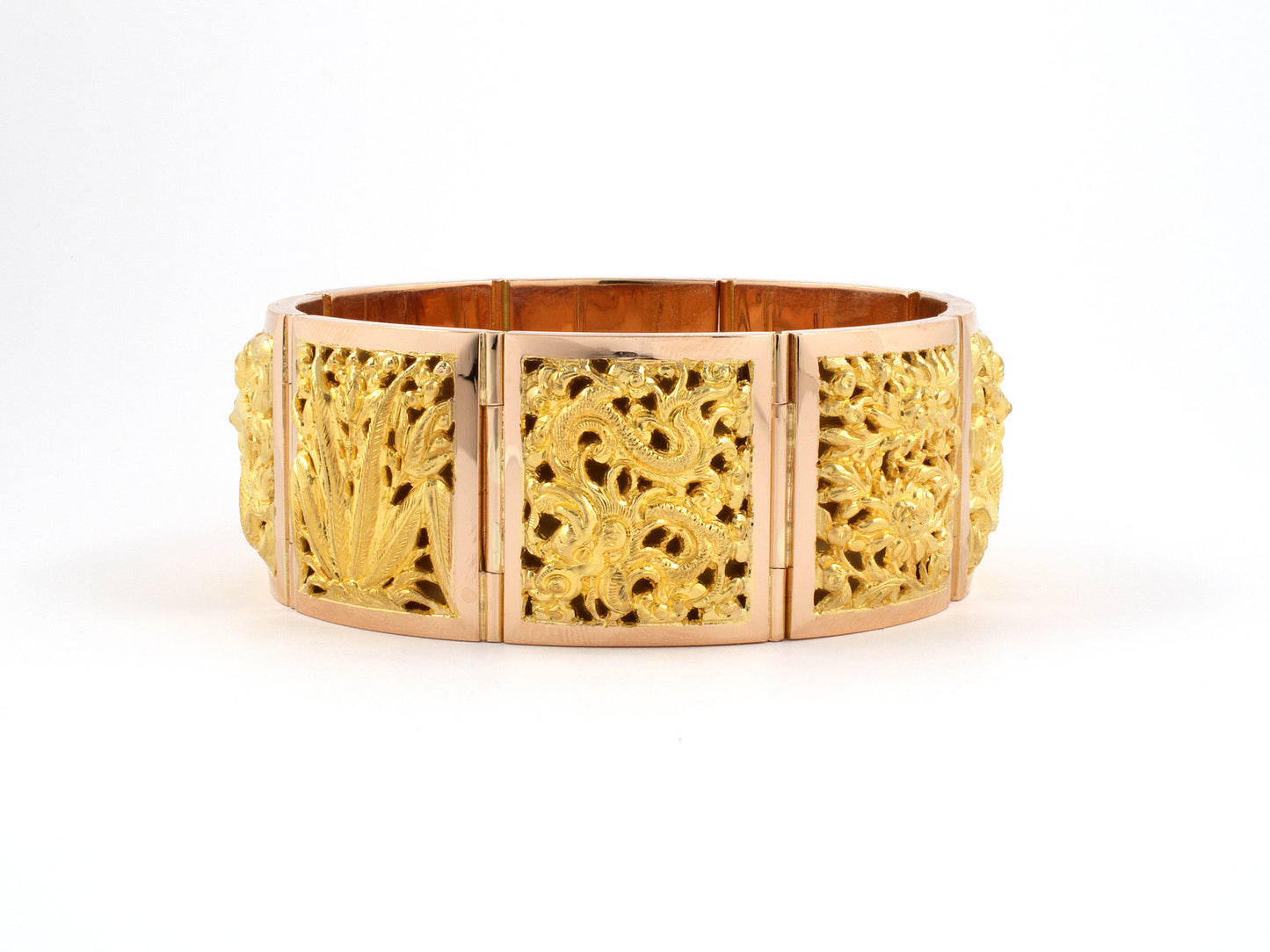 73798 - SOLD - Circa 1950s Gold Carved Leaf Dragon Floral Dancing Woman Chinese Design Hinged Panel Bracelet