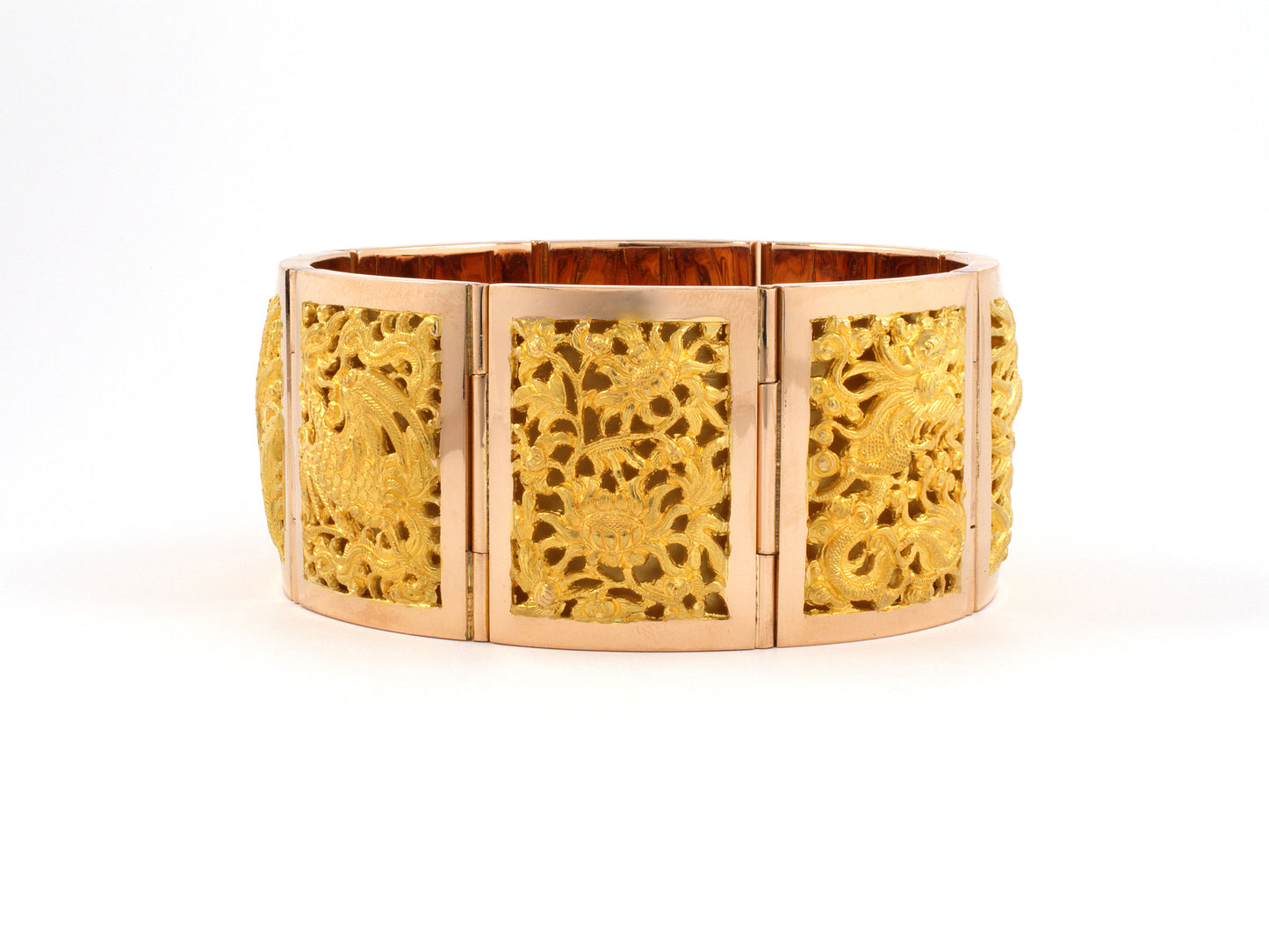 73799 - SOLD - Circa 1950s Gold Carved Leaf Dragon Floral Dancing Woman Chinese Design Hinged Panel Bracelet