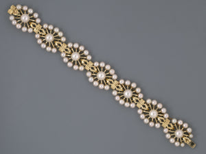 73821 - Mikimoto Gold Pearl Floral Cluster 7 Sections Links Bracelet