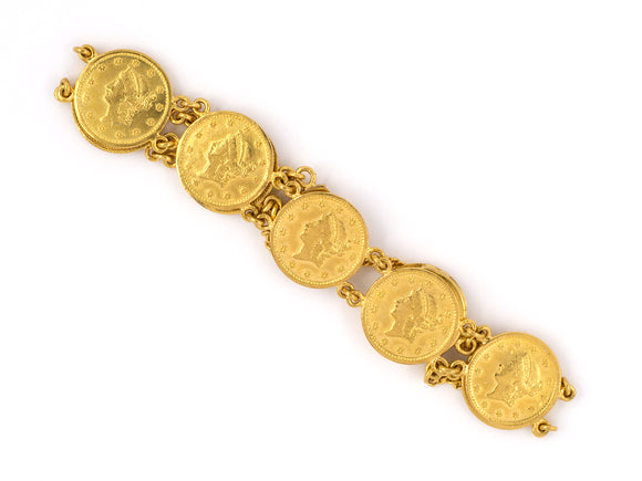 73843 - 23K Gold Liberty Head And Eagle 9 Circular Link Bracelet