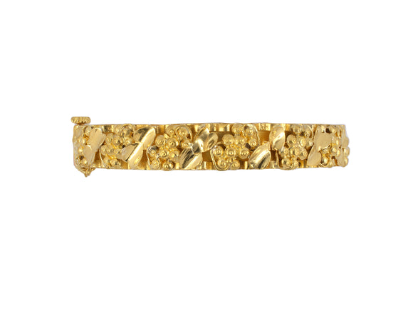 73846 - 23K Gold Carved Flower Floral Leaves Hinged Bangle Bracelet