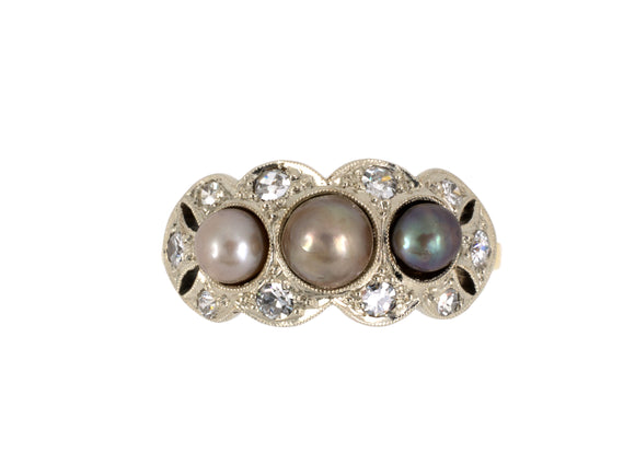 900050 - Art Deco Gold GIA Natural Pearl Diamond 3 Stone Princess Ring