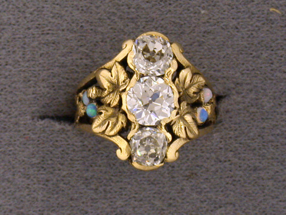 900209 - SOLD - Art Nouveau F.W.Lawrence Gold Diamond Opal Floral 3-Stone Ring
