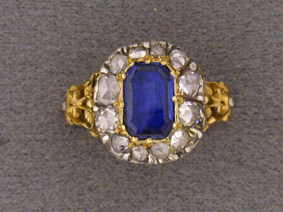 900265 - SOLD - Georgian Gold Silver Sapphire Diamond Cluster Ring