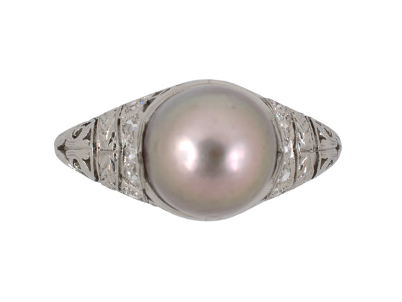 900458 - Edwardian Platinum GIA Pearl Diamond Engagement  Ring