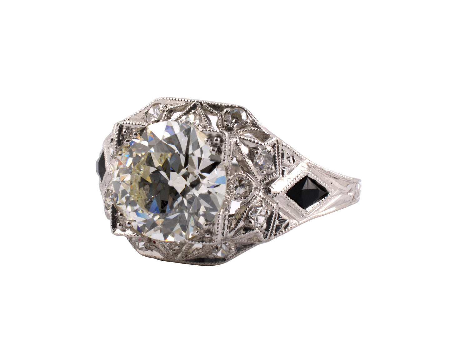 900555 - SOLD - Art Deco Platinum Diamond Black Onyx Chased Engagement Ring