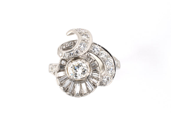 900570 - Circa 1950 Platinum Diamond Cluster Ribbon Swirl Cocktail Ring