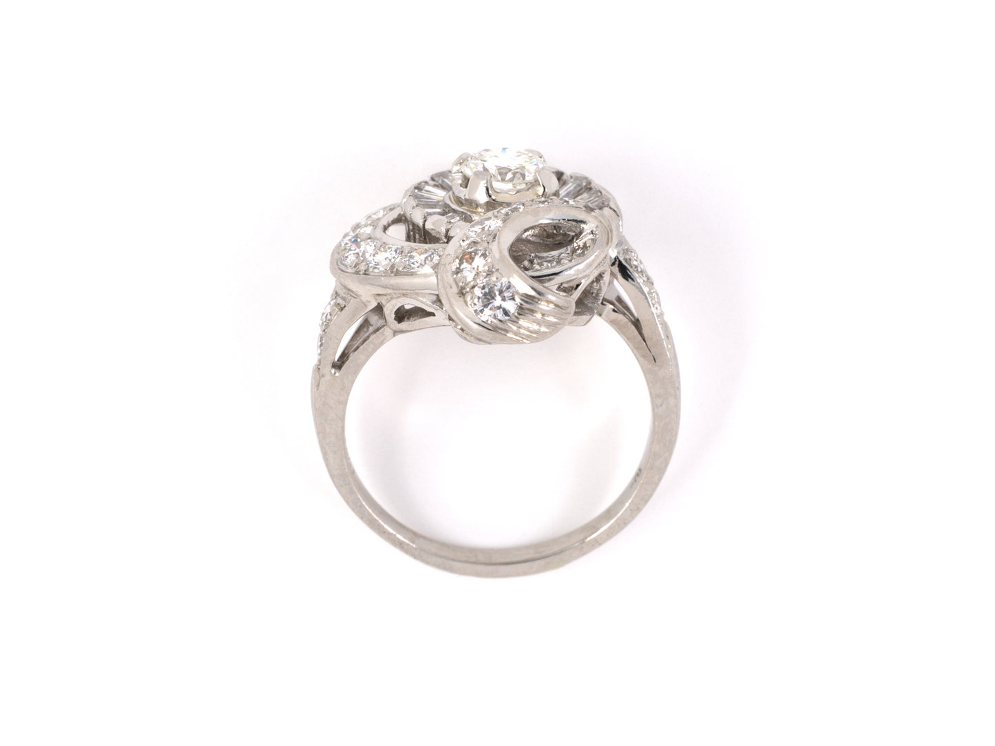 900570 - SOLD - Circa 1950 Platinum Diamond Cluster Ribbon Swirl Cocktail Ring