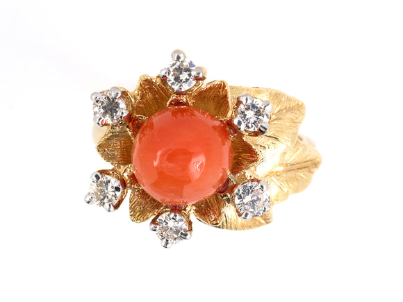 900844 - SOLD - Gold Coral Diamond Floral Leaf Ring
