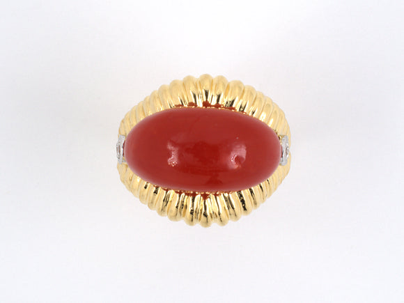 901029 - Gold Platinum Coral Diamond Corrugated Saddle Ring