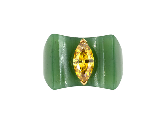 901061 - Gold Fancy Vivid Orangy Yellow Diamond Nephrite Jade Dinner Ring