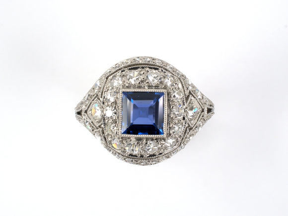 901199 - Edwardian Platinum AGL Montana Square Sapphire Diamond Ring