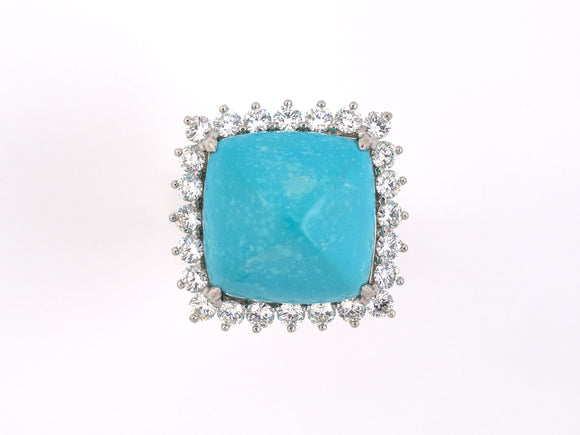 901244 - SOLD - Platinum Diamond Sugarloaf Turquoise Ring