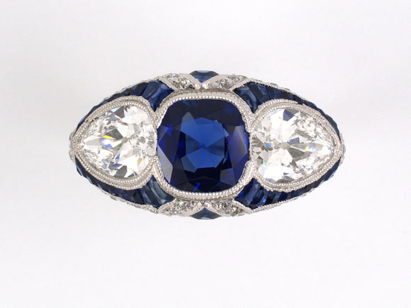 901247 - Art Deco Tiffany Platinum AGL Kashmir Sapphire Diamond Chased 3-Stone Engagement Ring