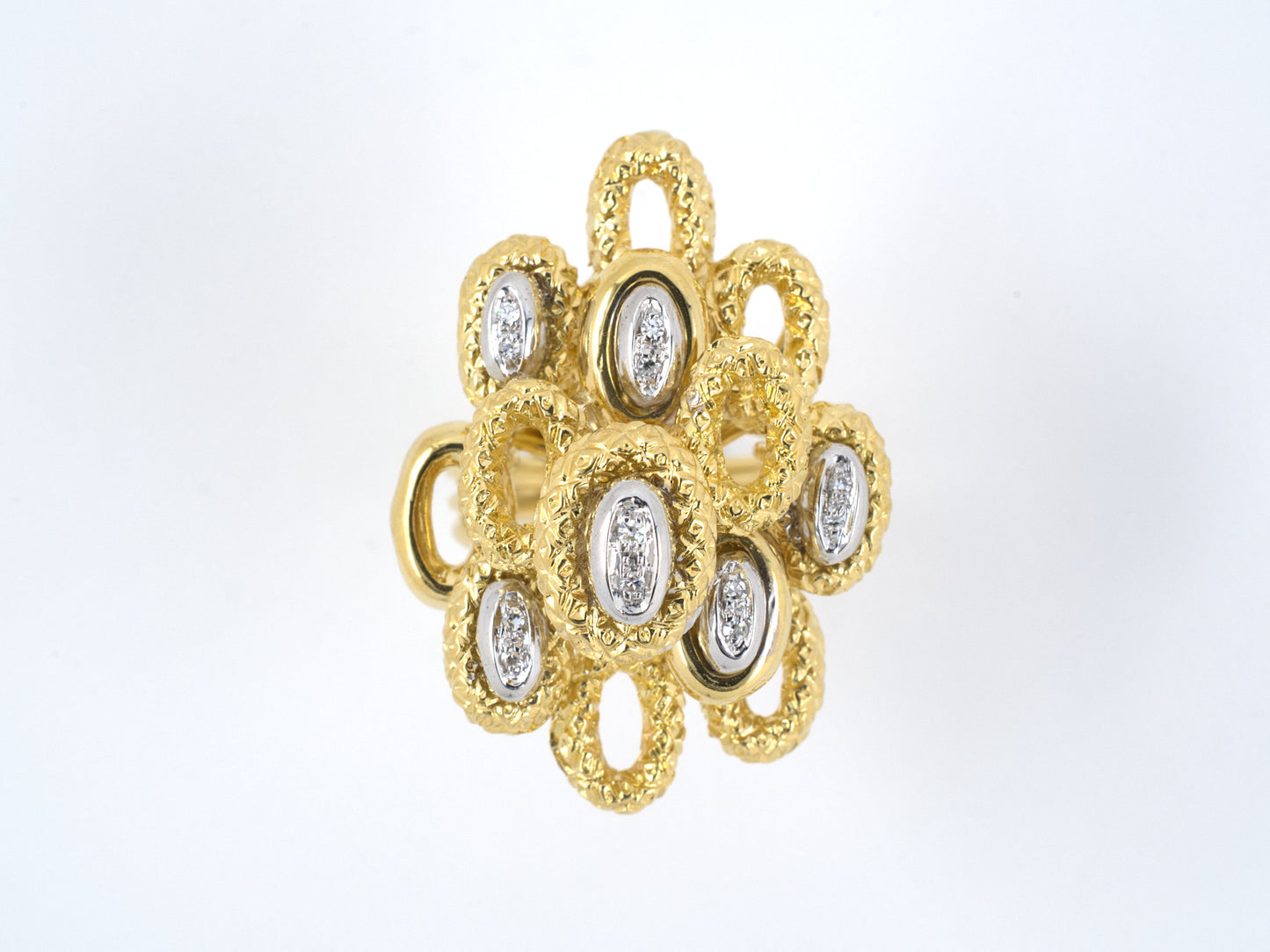 901390 - SOLD - Gold Diamond Tiered Carved Oval Dinner Ring
