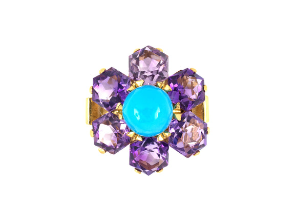 901507 - SOLD - Circa 1960s Gold Turquoise Amethyst Flower Cluster Ring