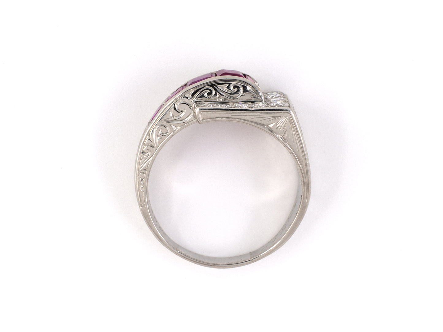 901706 - Circa 1936 Art Deco Black Starr & Frost Gorham Platinum Diamond Ruby Ring