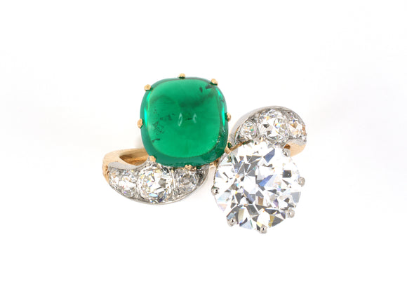 901813 - Victorian Platinum Gold AGL Sugarloaf Emerald GIA Diamond 2 Stone French Ring