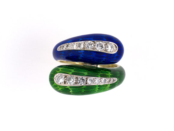 901829 - Gold Diamond Blue Green Enamel By Pass Ring
