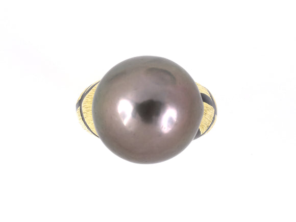 901849 - Dorota Gold South Sea Tahitian Black Pearl Enamel Carved Sabi Ring